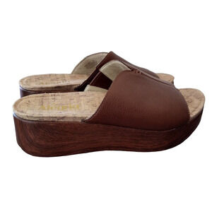 Alegria LIKE-NEW Triniti Brown Faux Wood Platform Flatform Wedge Slip-On Sandals
